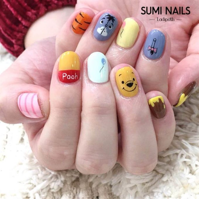 short round winnie the pooh nails art designs idea