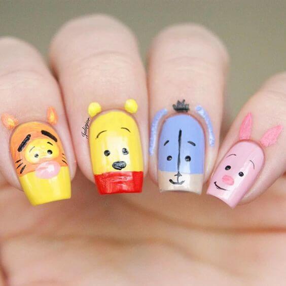 adorable painted square shaped winnie the pooh characters nail art design idea