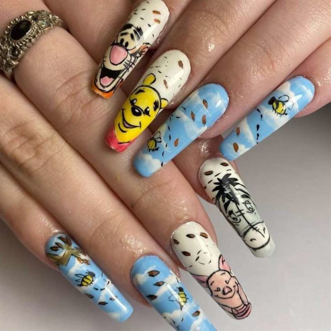long acrylic coffin white and blue winnie the pooh nails art designs idea