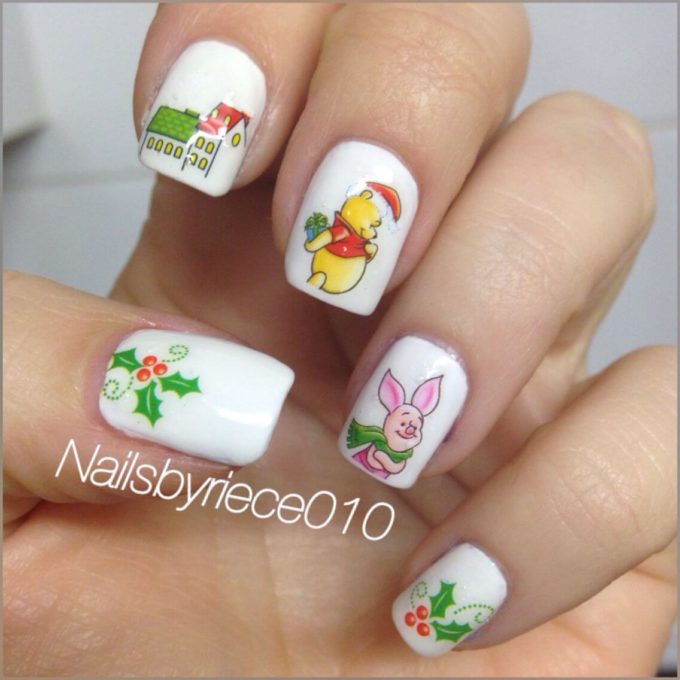 white winter holidays inspired piglet with winnie the pooh nail art design idea
