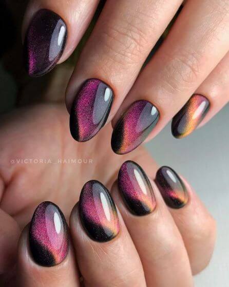 short round shimmery black and pink cat eye nails art designs idea