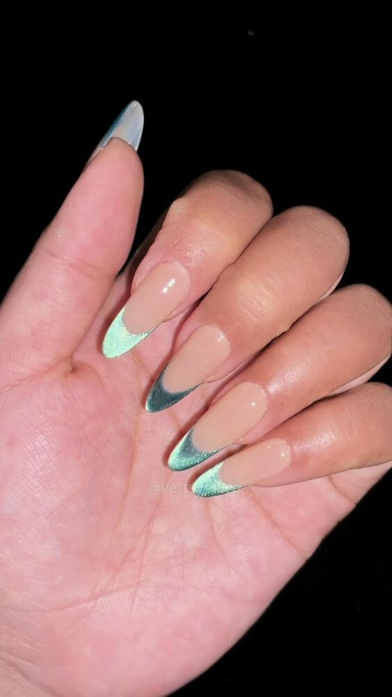 long round shimmery blue french tip cat eye nail manicure idea