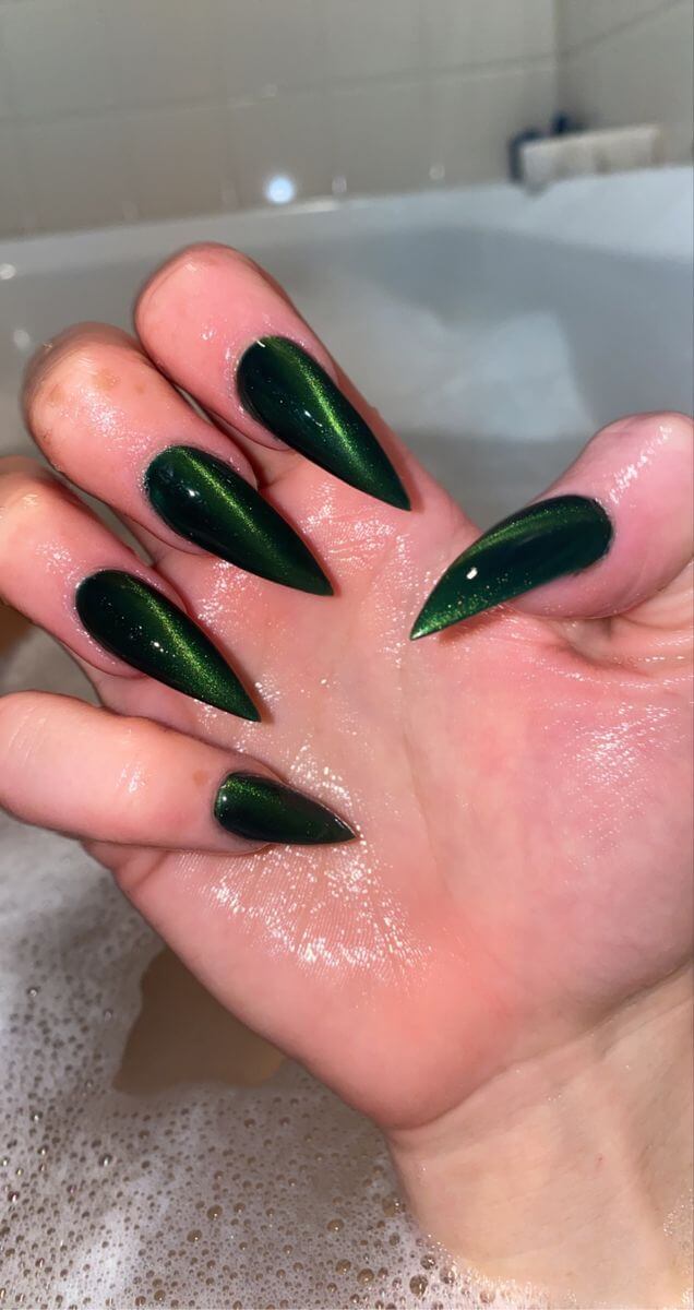 unique long pointy dark green cat eye nail art design idea