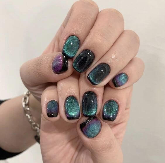 short square eccentric space inspired cat eye nails designs idea