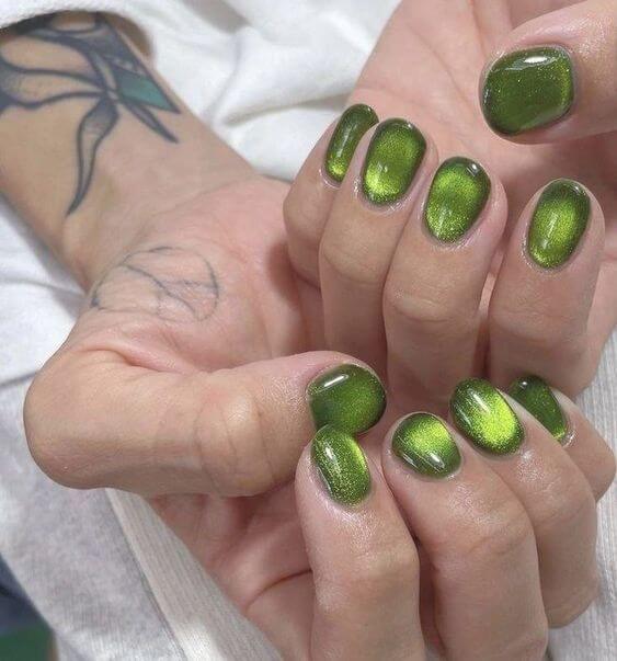 cute short square green cat eye nails art designs idea