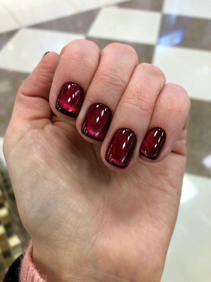short square maroon cat eye nail art design idea