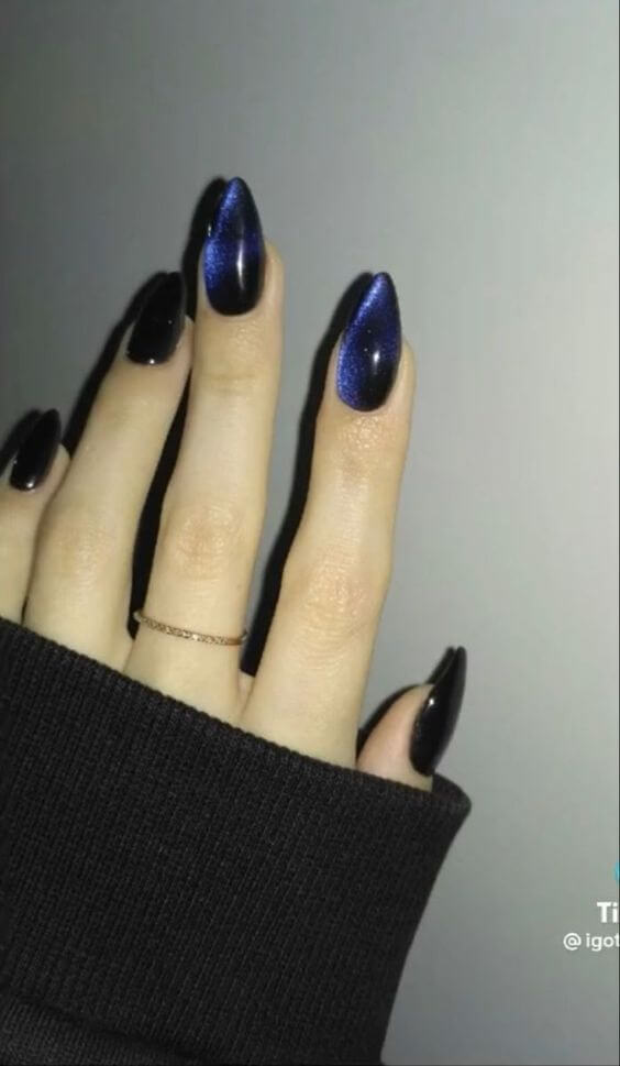 starry mid night blue cat eye nail art design idea
