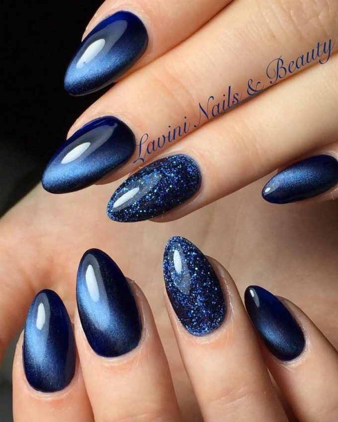 shimmer and glitter effect midnight blue cat eye nails art designs idea