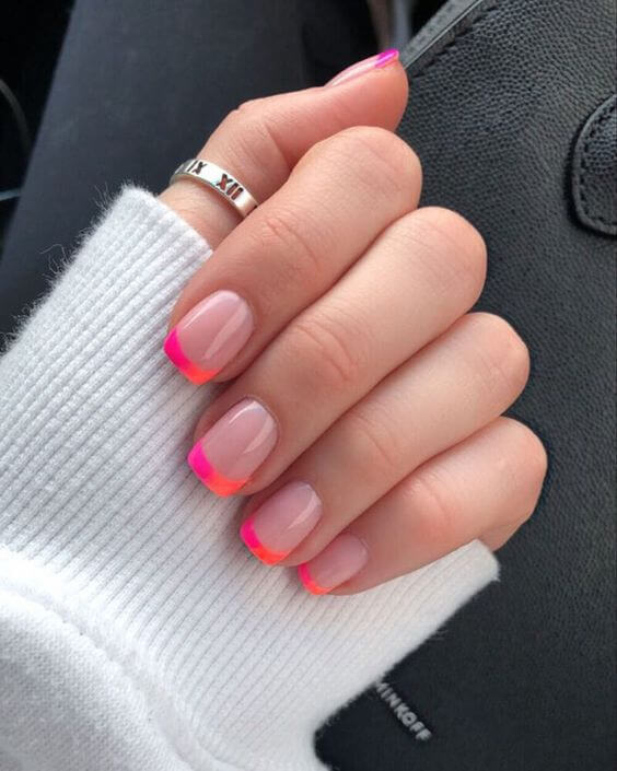 orange and pink french tip spring break nail art design idea