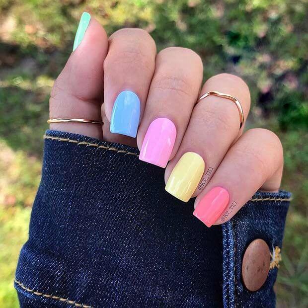 short square pastel painted colors spring break nail art idea