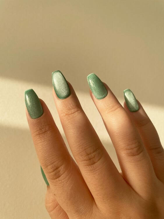 unique square soft pastel green cat eye nail art design idea