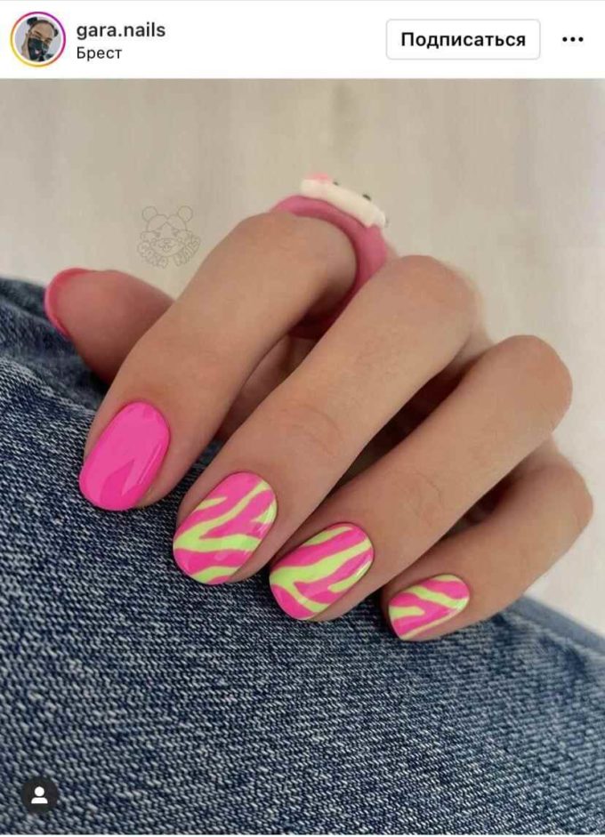 pink and neon green tiger print spring break nail art design idea