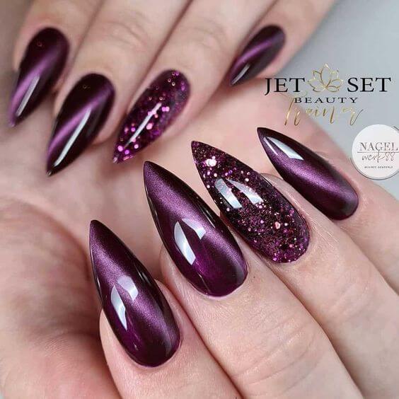 elegant looking deep purple cat eye nails art designs idea 