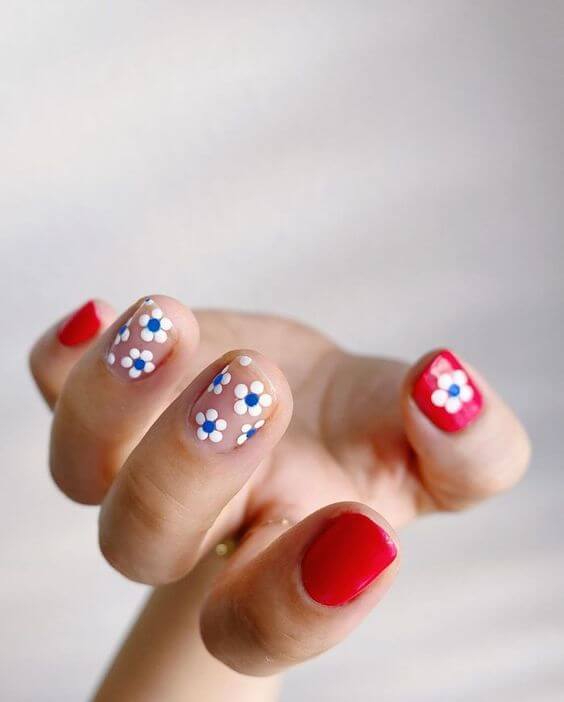 short red and nude with tiny flowers spring break nail art design idea