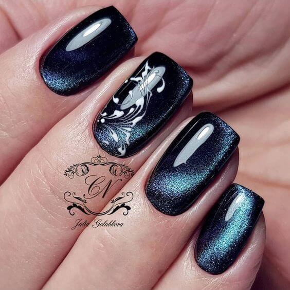 short square white floral cat eye nail art design idea
