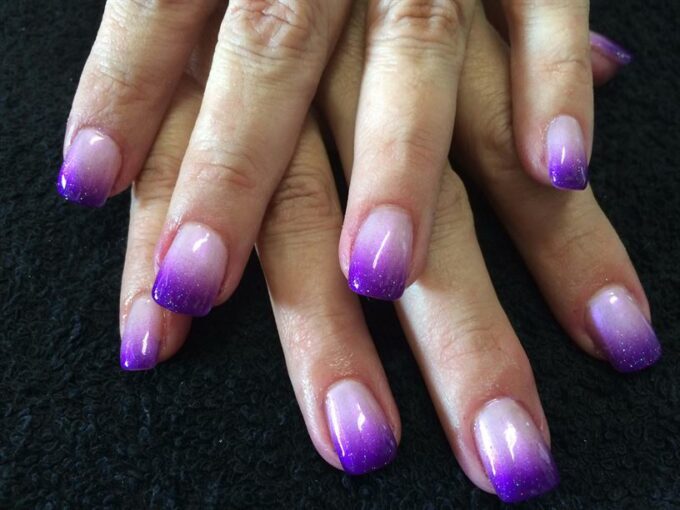 glossy nude with glitter tips purple ombre nail art designs idea 