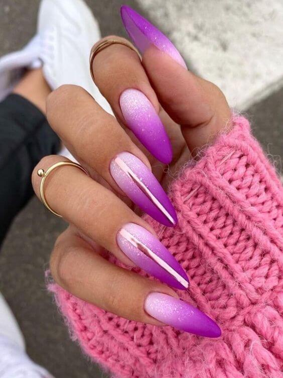 attractive round coffin glittery with gold-line purple ombre nail art designs idea