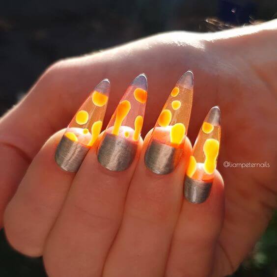 unique long trendy yellow lava lamp nail design ideas