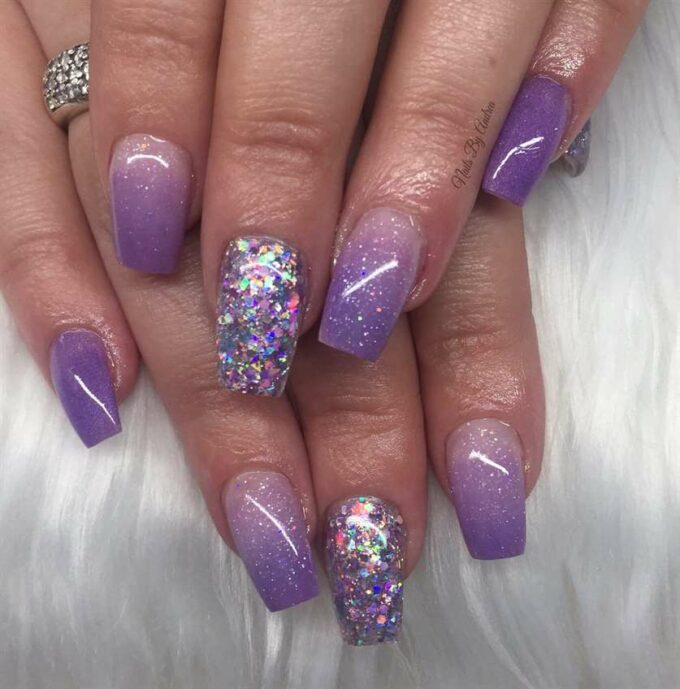 confetti with glittery lilac purple ombre nail art designs idea