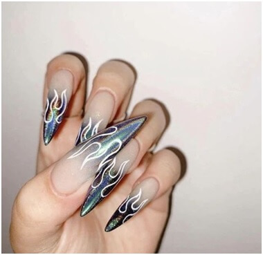 unique pointy metallic ombre with white flames nail design ideas