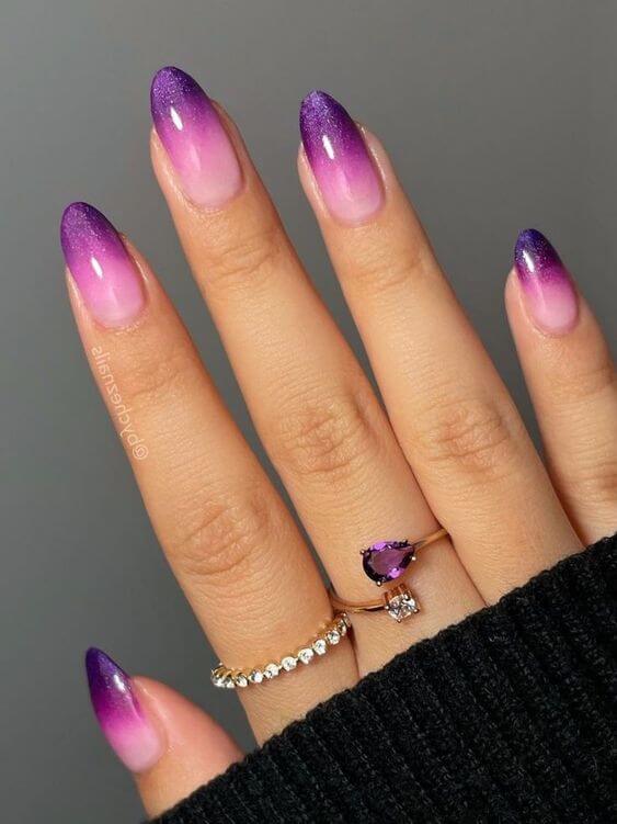 round nude with glittery purple ombre tips nail art designs idea