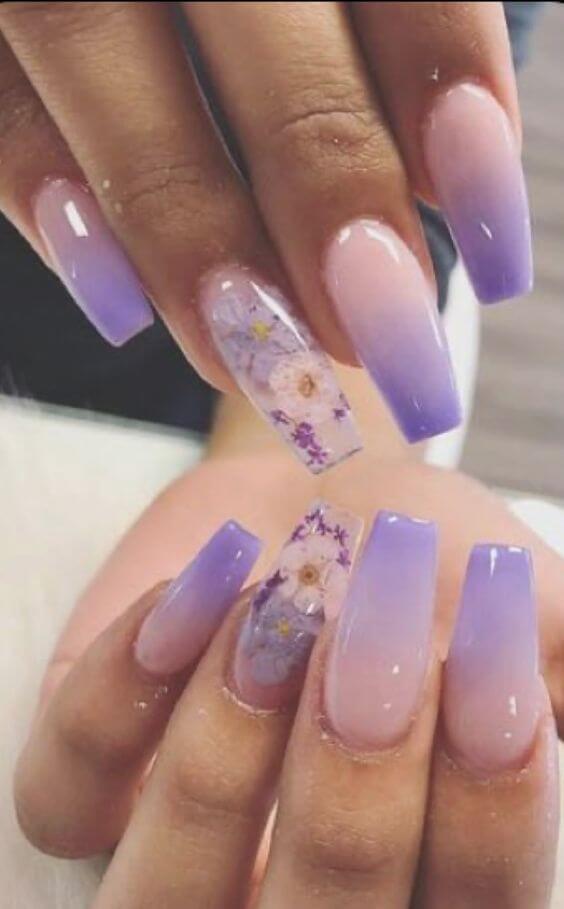 purple ombre with flowers nail art designs idea
