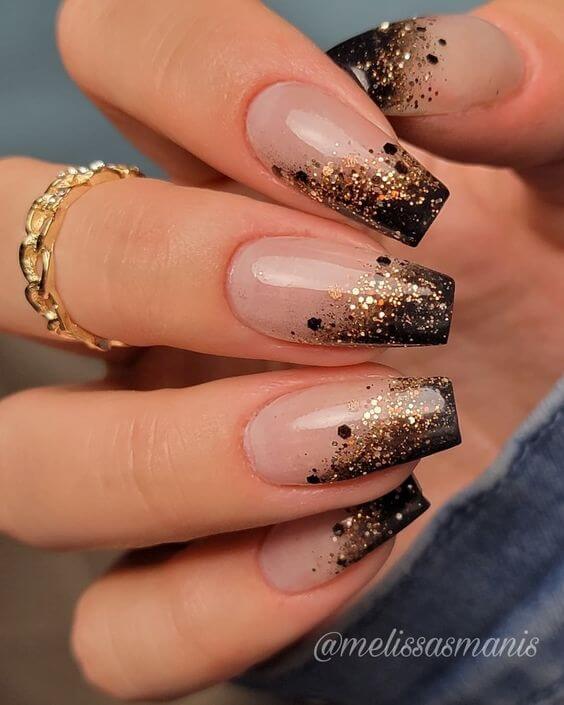 beautiful unique black and sparkly golden glitter tip nail design ideas