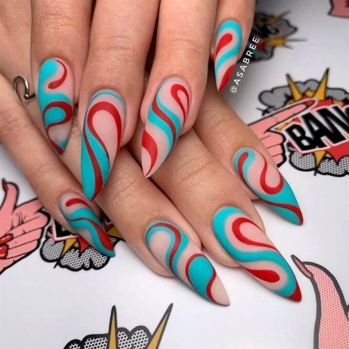 long pointy swirly blue and pink marble unique nails design ideas