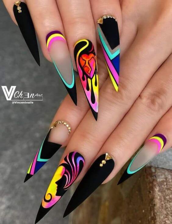 artistic black and neon colored unique pointy nails designs ideas