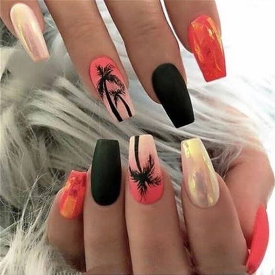 black-pink and beige color tropical nails art designs ideas