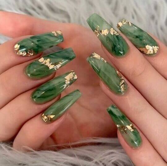 graceful gold foil on nude marble effect unique nails designs ideas