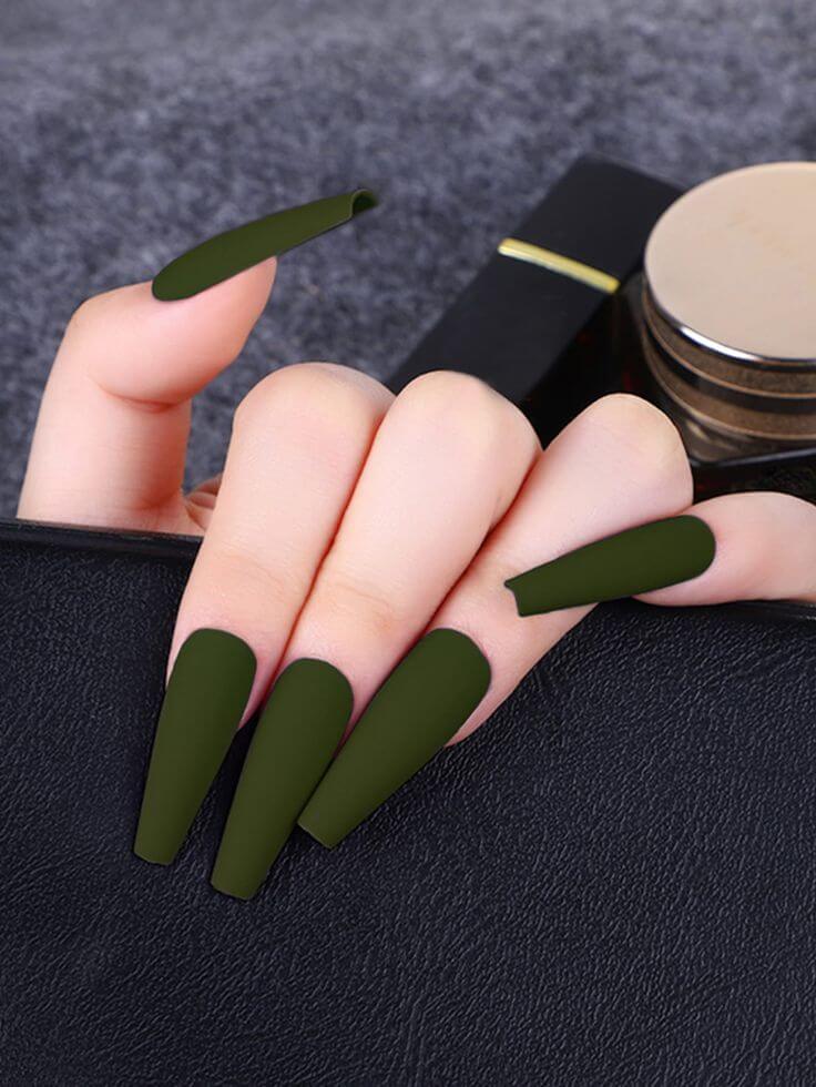 simple plain matte olive green long coffin unique nail art design ideas