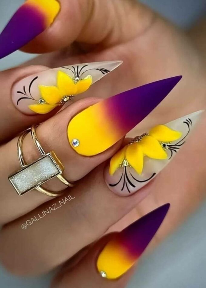 pointy unique matte purple and sunflower nail art design ideas