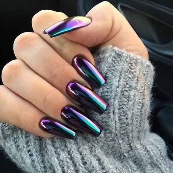 shades of purple and green unique metallic nail art design ideas