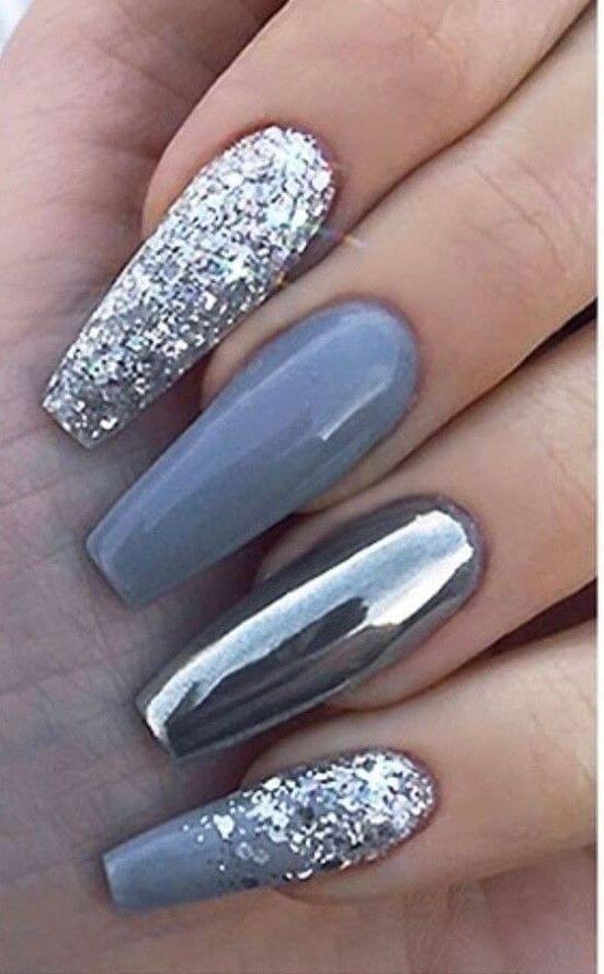 shiny with glitter and shades of grey unique nail art design ideas
