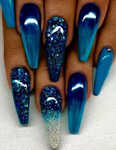 shiny effect long blue coffin unique nails art designs ideas