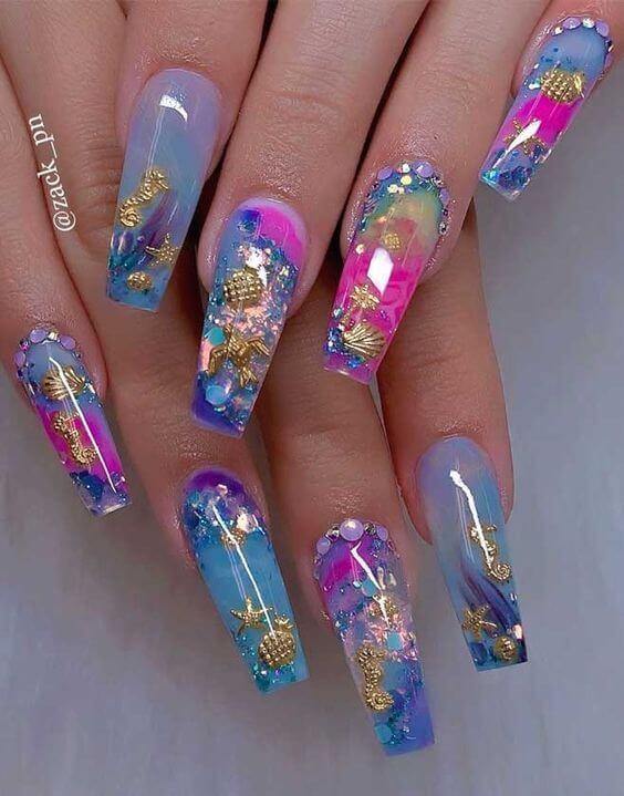 blue and pink with golden sea beach effect unique summer nails art designs ideas