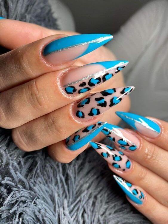 aqua blue half and half cheetah nails art designs idea