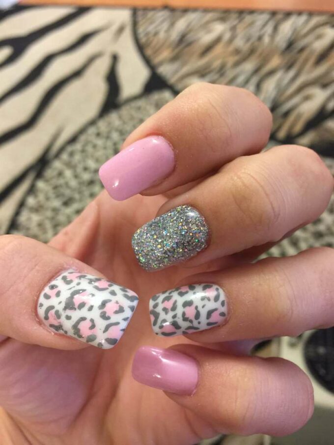 baby pink and silver glitter cheetah nail art design idea