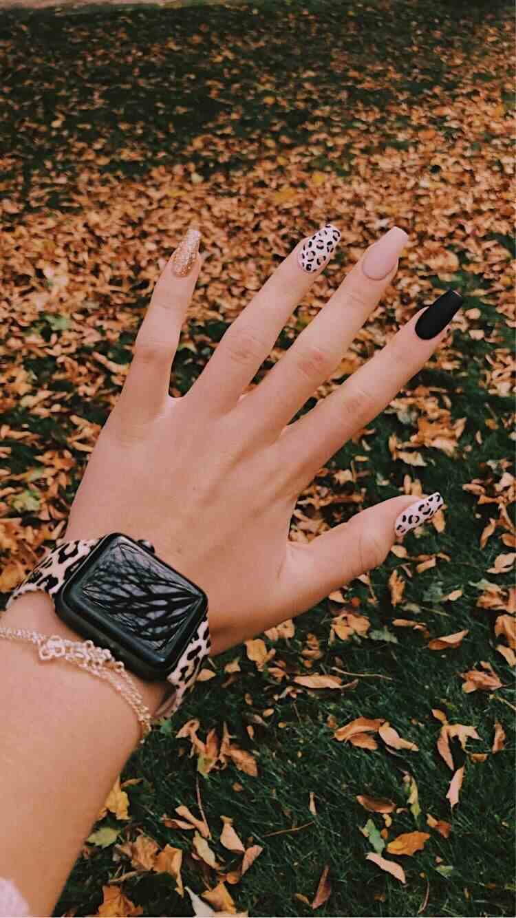 black with glitter and cheetah print nail art design idea