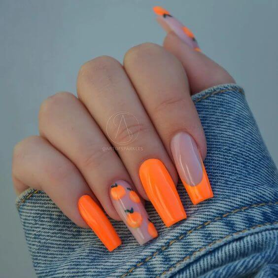 bright neon orange summer nail art design idea for parties
