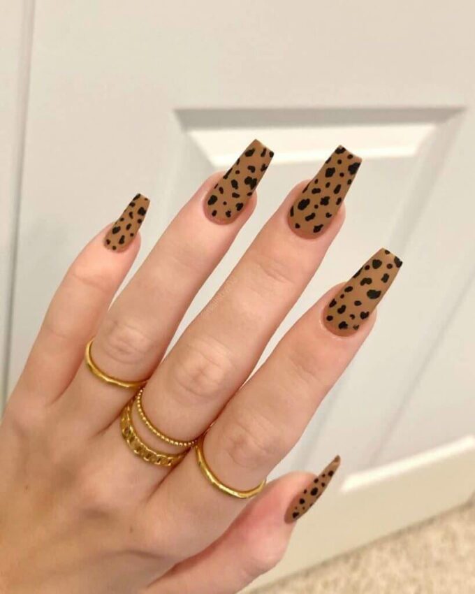 matte brown with realistic cheetah spots nail art design idea