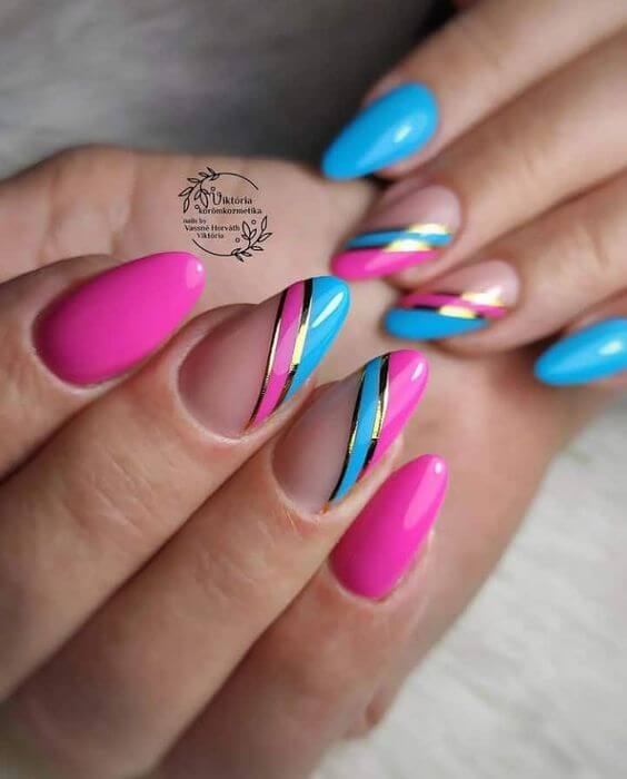 cotton candy with bronze accent summer neon nails art designs idea