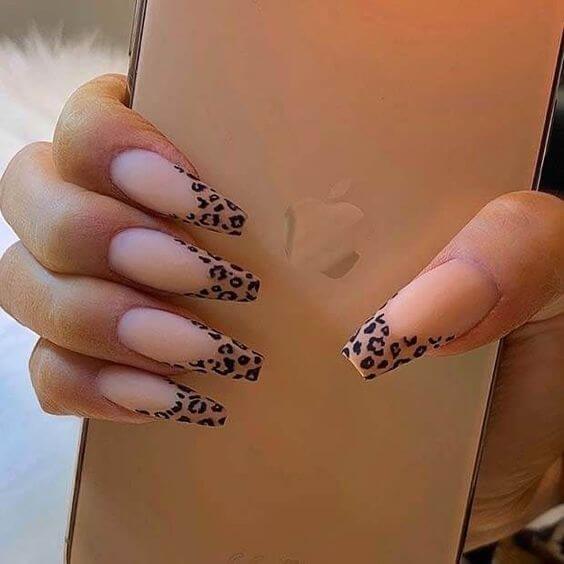 nude with french tips cheetah print nail art design idea