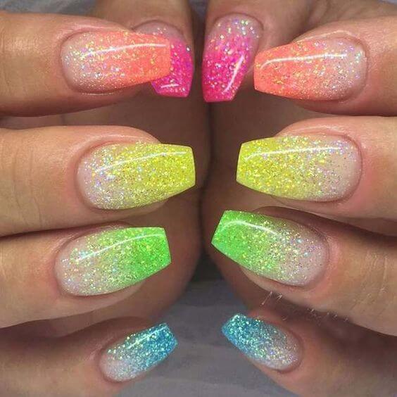 glittery ombre neon summer nails art designs idea
