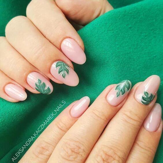 green leaves nude tropical nail art designs idea