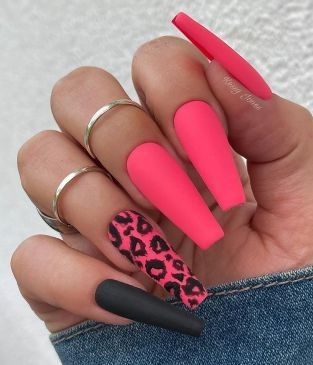 long coffin black and neon pink with cheetah print nail art design idea