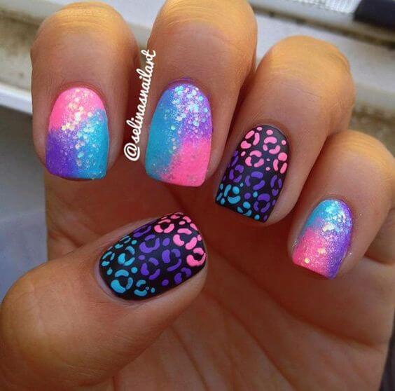 mermaid pink and blue cheetah nail art design idea
