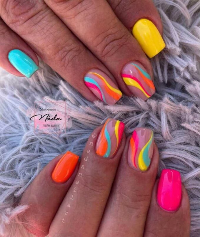 neon summer colors with swirly nail art designs idea