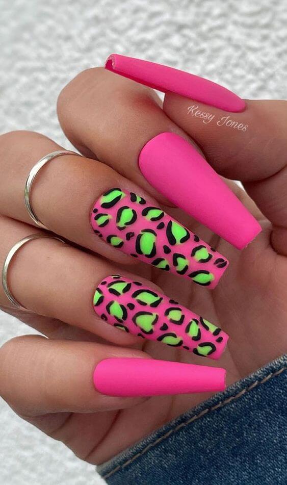 neon pink with green cheetah print nail art design idea